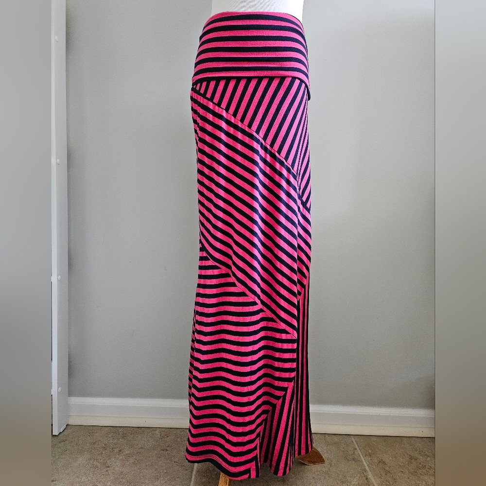 Green Envelope | Pink and Black Striped Maxi Skirt